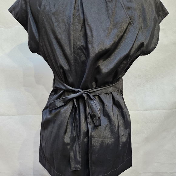 Apt. 9 Shiny Black Button Blouse Tie Waist Ruffle Collar Rayon Blend Size M - Picture 5 of 9